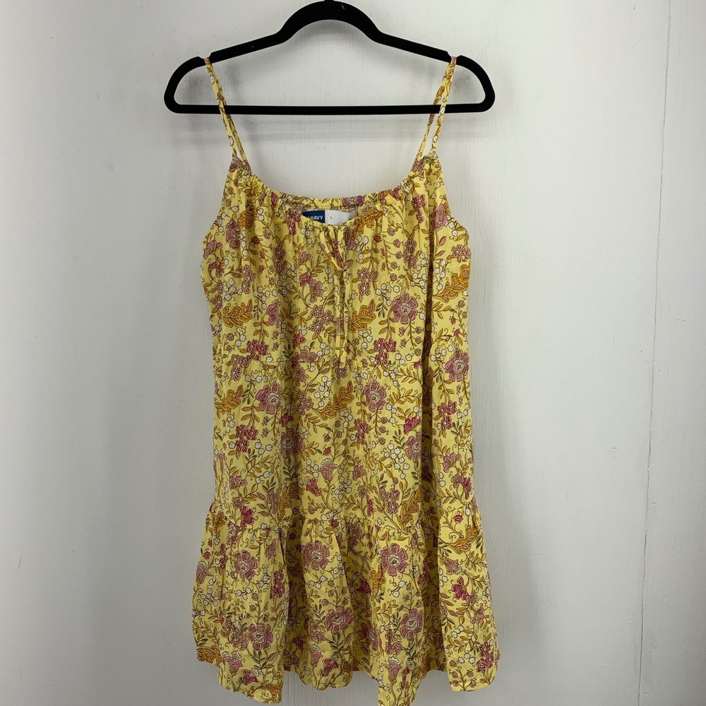 Old Navy Womens Large Yellow Floral Tiered Cami Mini Dress Pockets‎ Cottagecore